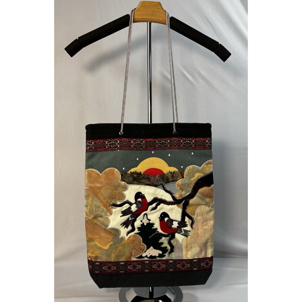Vtg Russian Folk Art Wool Tote Handmade Bullfinch Birds Winter Scene Artisan